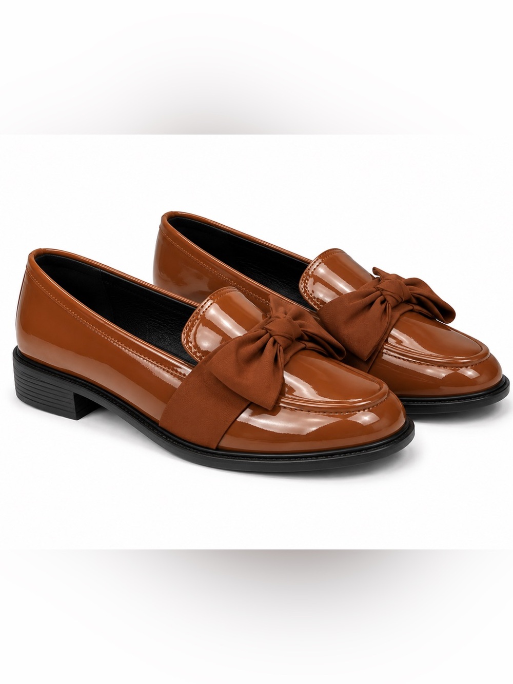 Patent Leather Bow Accent Loafers - Brown